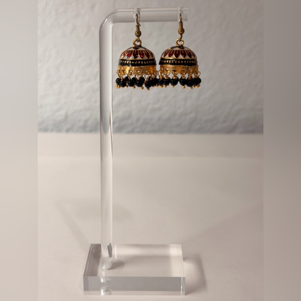 Artisan-Made Gold, Black & Red Jhumka Earrings with Tiny Pearl Accents - Picture 2 of 4